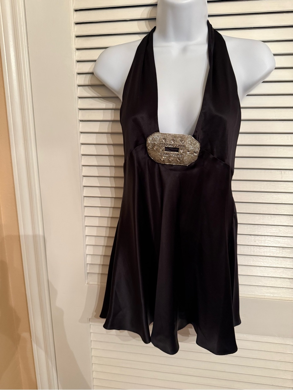 Victoria's Secret Black Silk Halter Top with Silver Decorative Beaded Buckle S